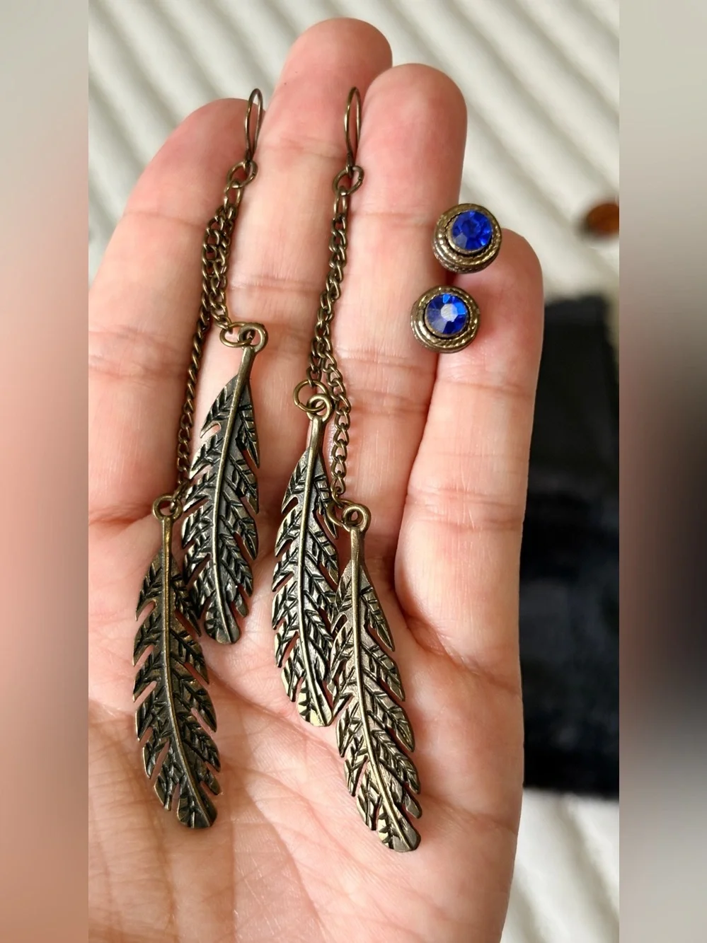 Boho Bundle: Bronze Feather Dangle Chain Earrings and Blue Rhinestone Studs Set